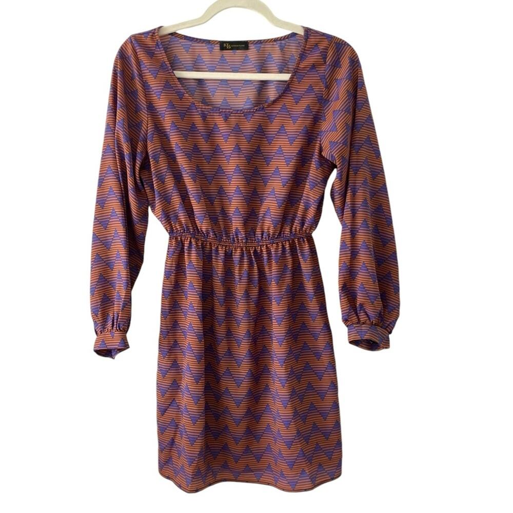 KLD Signature Chevron Print Dress | Size Small | purple brown long sleeve